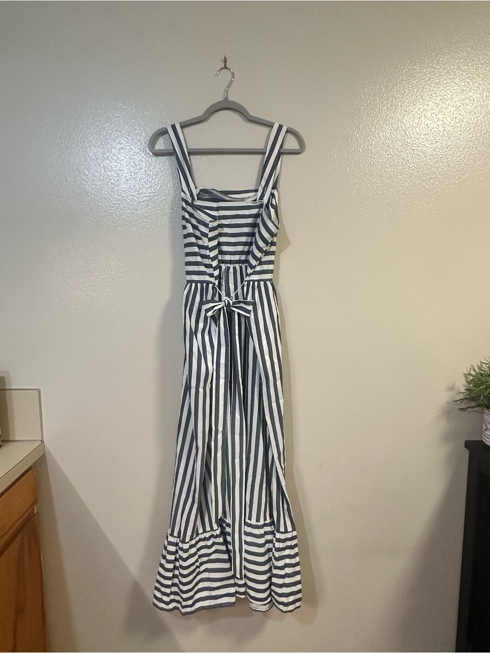 Striped Navy and White Sleeveless Maxi Dress with Waist Tie